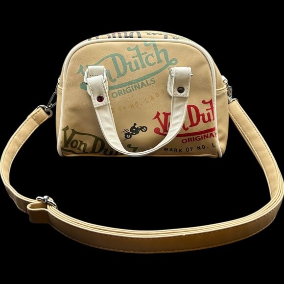 Von Dutch Mini Bowling Bag Beige Logo Graffiti Y2K Purse – Adjustable Strap - Picture 1 of 7
